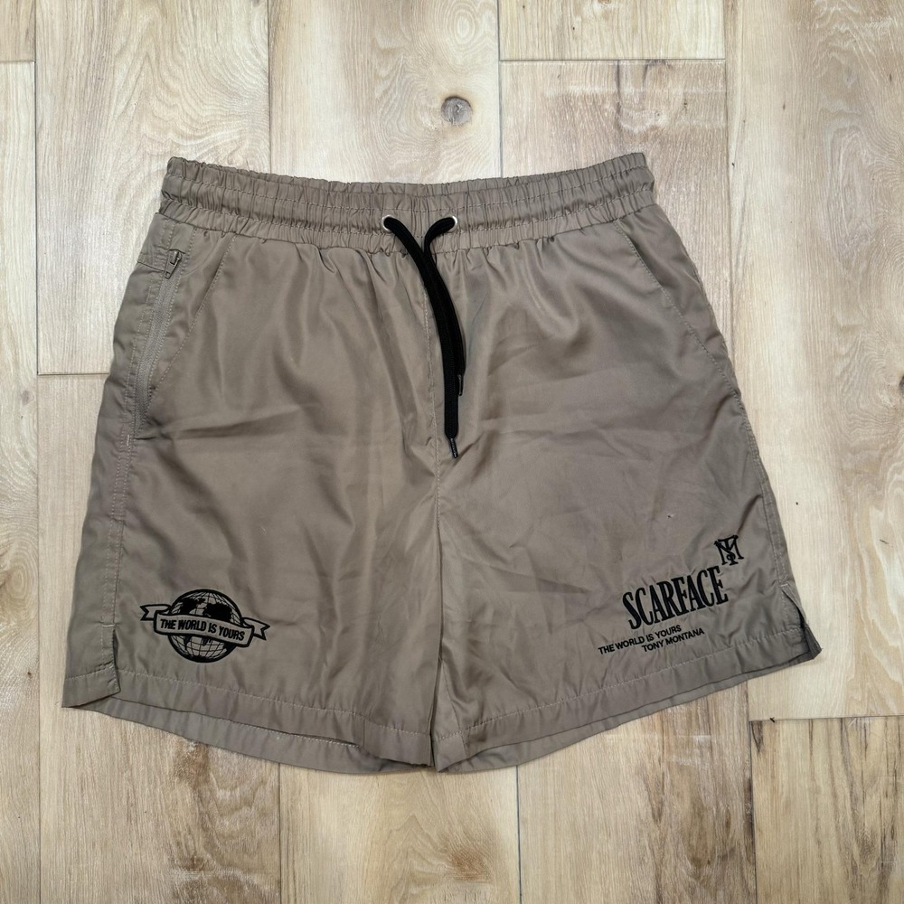 Scarface X Shoe Palace Swim Trunks Shorts Mens Small Beige Tony Montana Lined